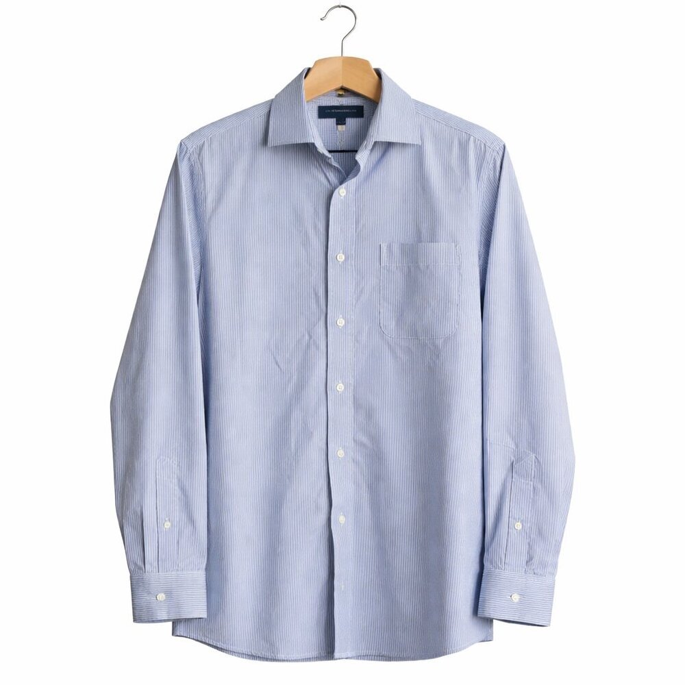 Tommy Hilfiger Dress Shirt 17.5 34-35 Pinstripe Regular Fit Blue Pocket